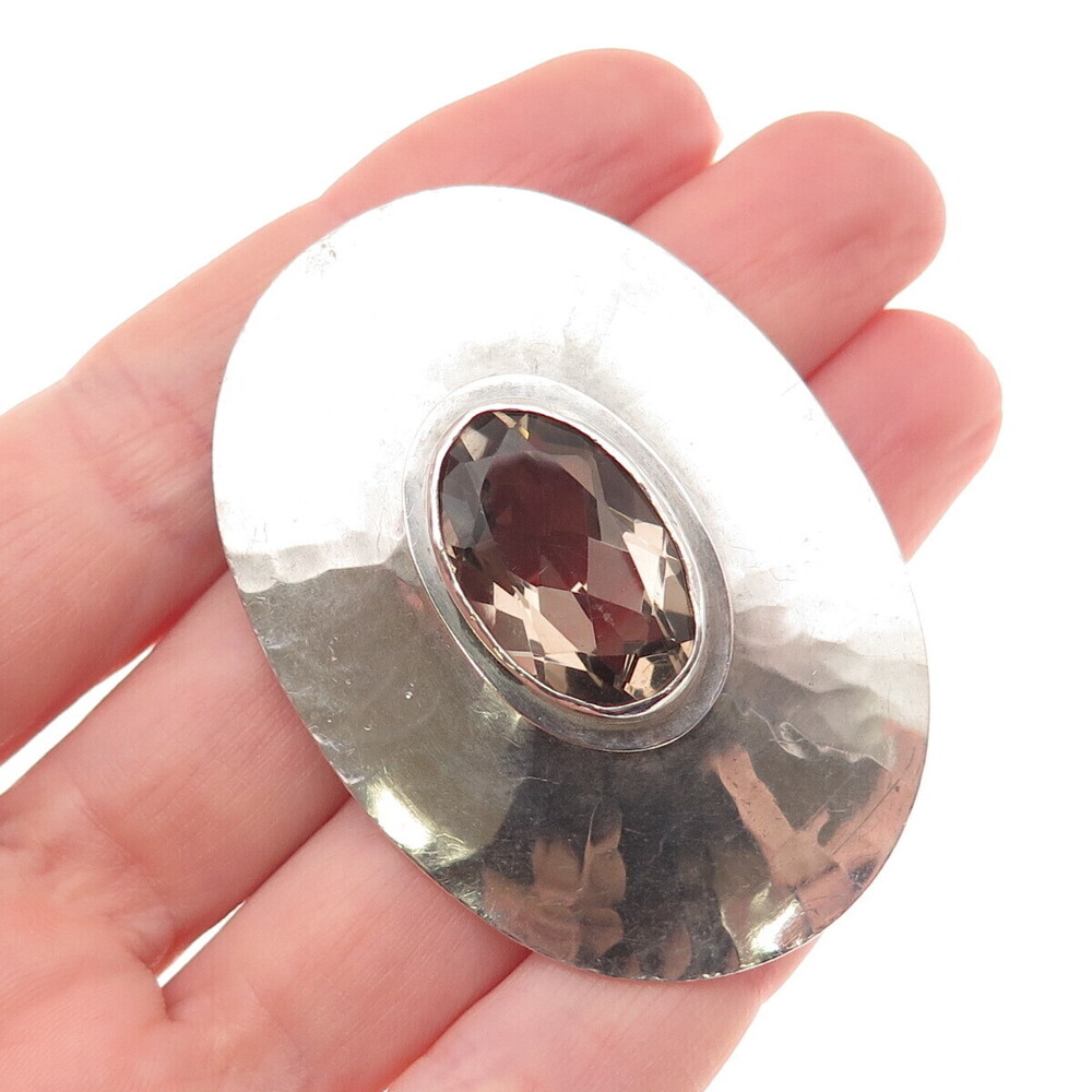 925 Sterling Silver Vintage Real Smoky Quartz Modernist Pin Brooch / Pendant